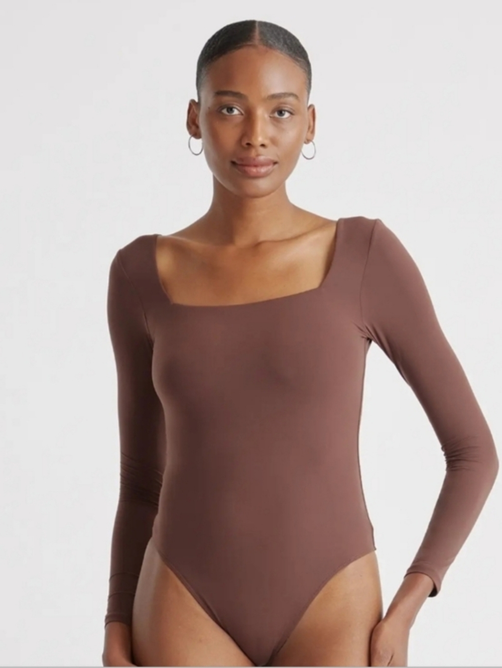 Quince Second Skin Square Neck Long Sleeve Bodysuit Cocoa Brown S